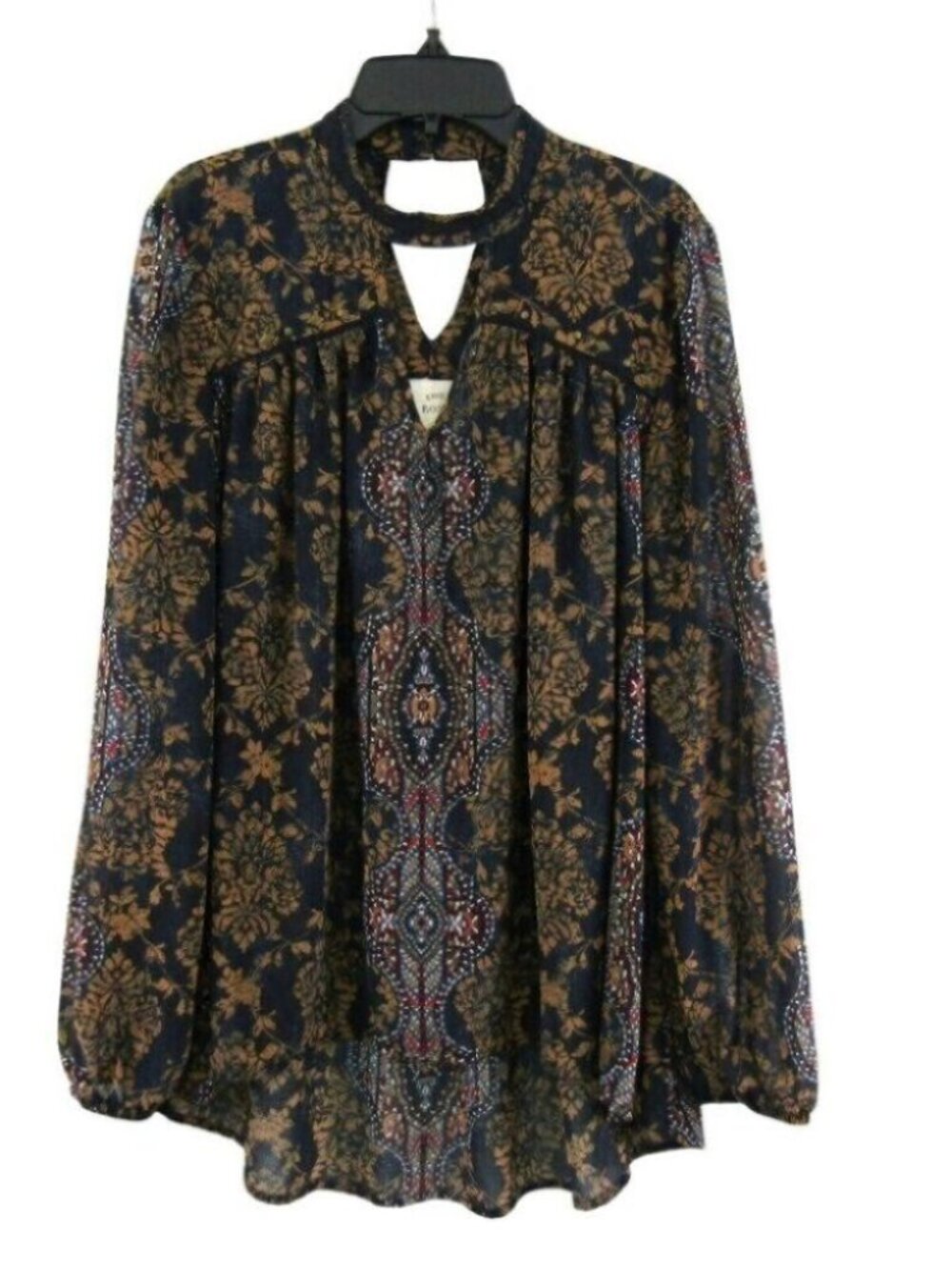 Knox Rose Blue Tan Floral Choker V Neck Peasant Top Womens Size M V Back Studded